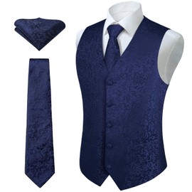 HISDERN Mens waistcoats Paisley Floral Waistcoat Jacquard Necktie Pocket Square Handkerchief Wedding Party Business Fit Vest Suit Set Navy Blue 3XL