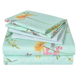 JSD Green Floral Printed Sheet Set Queen Size 6 Piece, Soft Botanical Microfiber Bed Sheets Extra Deep Pocket