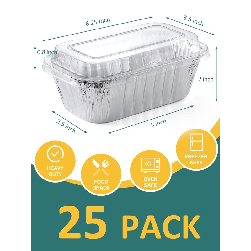 NEEBAKE 25 Pack 6x3.5x2 Disposable Aluminum Loaf Pans with Lids