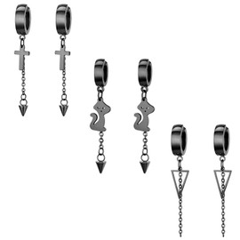 Aroncent 3 Pairs of Women's Creole Earrings with Cross, Cat, Triangle and Chain Earrings Stainless Steel Huggie Ear Piercing, Stainless Steel