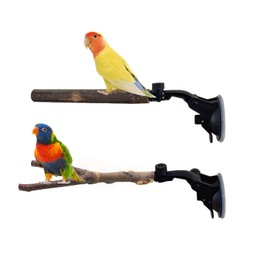 2 PCS Parrot Perch Stand, Natural Wood Bird Perch with Suction Cup Parrots Cage Perch Toys Parrot Shower and Window Perch Stand Parrot Wall Bath Standing Rack for Bird, Cockatoo, Macaw, Parakeet