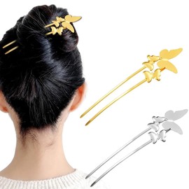 2Pcs Metal Butterfly U shaped Hair Pins French Updo Hair Sticks Retro Fashion Hair Forks Buns Hair Styling Hairpins Hair Accessories for Bridal Wedding (Gold+Silver)