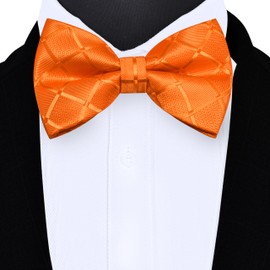 GUSLESON Orange Bow Tie Pocket Square Set for Wedding Pre-Tied Silk Plaid Checkered Bowties Handkerchief Cufflinks for Men (0494-23)
