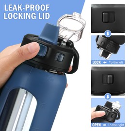 Kodrine Water Bottle With Straw and Carry Handle, Glass Water Bottle 24 oz Leak Proof Locking Lid with Soft Silicone Spout, Small Clear Water Bottle, Travel Sports Water Jug, Time Marker, Navy Blue