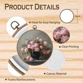 Tzhim Vintage Pink Peony Floral Round Wall Art, Shabby Chic Flower Round Wall Decor Framed, Rustic Antique Vase Floral Canvas Walls Sculptures for Farmhouse Home Bedroom Living Room Decor, 10x10 Inch