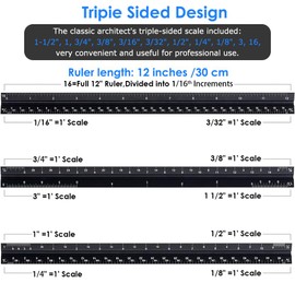 Soraco 12" Aluminum Triangular Architect Scale Ruler – Laser-Etched Imperial Measurements – Durable Black Anodized Finish – Ideal for Architects, Engineers, Draftsmen, and Students(Black)