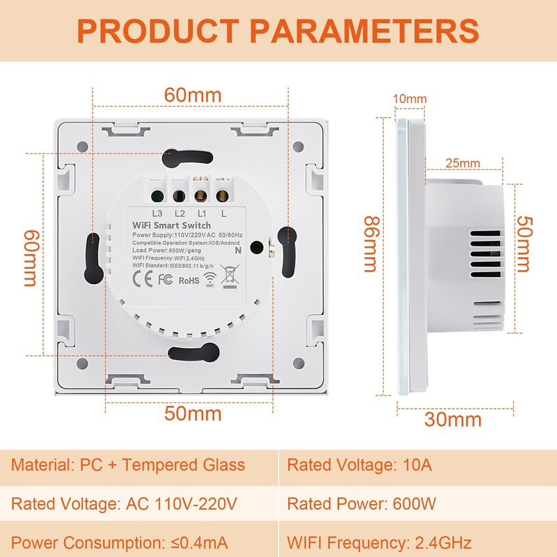 WLAN Smart Light Switch, WiFi Smart Touch Light Switch Flush-Mounted