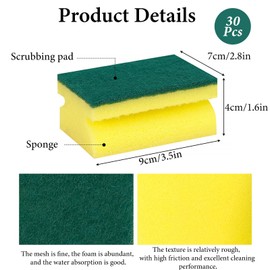 30Pcs Sponge Scourers, Kitchen Sponges for Dishes, Heavy Duty Scourers Sponge with High Absorbency for Daily Dishwashing and Grill Cleaning