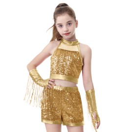 LOLANTA Girls’ Sequin Dance Outfit – Sleeveless Crop Sequin Top Kids Shorts Girls Tassel Arm Sleeves Gold, 5-6 Years