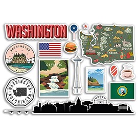 A5 Sticker Sheet Washington Landmarks Vinyl Stickers - America States USA American Airport Stamps Skyline Flag Map Travel Holiday Scrapbooking City Luggage #79198