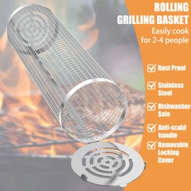 Beenle-Icey Round Grill Baskets Outdoor Camping Picnic Stainless Steel Cookware Accessories 20cm&30cm Rolling BBQ Grill Mesh Baskets for Vegetables,Seafood, Meat,Chicken Wings