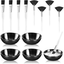 DLUGOPIS Set de 12 Piezas de Suministros de Estética Facial en Color Negro: 4 Cuencos Faciales Negros, 4 Brochas Faciales, 4 Brochas Planas, Aplicadores Cosméticos para Mascarillas, Cremas de Barro, M