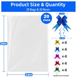 Homrelaxy 20 Pcs 24 x 30 Inches Cellophane Bags for Gift Baskets with 20 Colorful Pull Bows, Plastic Clear Basket Bags, Cellophane Wrap for Gift Baskets for Birthday, Wedding, Thanksgiving