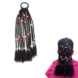 iRIIRIO 1pc Hair Braid Extension for Ponytail with Colored Beads Kids Ponytail Beads Extension Kids Hair Extensions with Elastic Bands for Girls