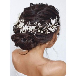 Unicra Flores de novia para el pelo de la boda de la vid de la hoja de plata de la pieza de pelo de perlas accesorios para el cabello para