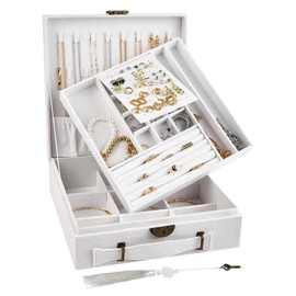 Somduy Jewelry box, 2 Layers, Jewelry Storage and Display Box, Large Capacity Double Row Necklace Storage,with Handle, with Lock,Gift for Your Loved Ones, Snow White