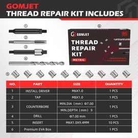 gomjet M6X1.0 Metric Thread Repair Kit, with M6X1.0X9.4MM Stainless Steel Insert Qty 10