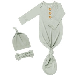 Soft Newborn Knotted Gown with Hairband and Hat, Baby Boy Girl Coming Home Outfit, Sleeper Baby Sleep Gown with Mittens (Pale Teal Green, Newborn)