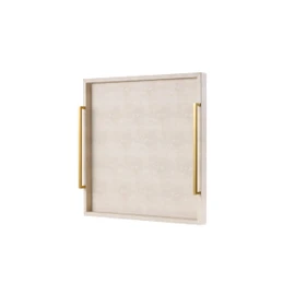 24"x24" Oversized Square Ottoman Tray for Living Room, Extra Large Ivory Shagreen Leather Decorative Tray for Coffee Table,Wooden Serving Trays for Dinner Party (Ivory -Gold Handle, 24")