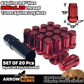 ARROW 20x Red M12x1.25 Spline Tuner Style Lug Nuts and Key Fit Infiniti/Nissa