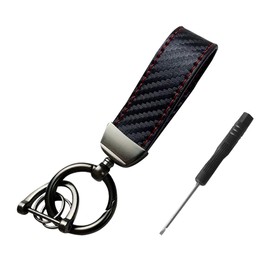 JNNJ Microfibre Leather Car Key Fob, Car Premium Carbon Fibre Keyring D Ring (Black Metal + Black Leather with Red Decoration)