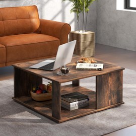 IFANNY Square Coffee Table, Rustic Brown Cocktail Table with Storage Shelf, Industrial Tea Table with L-Beam Structure, 2 Tier Farmhouse Center Table, Wooden Coffee Tables for Living Room, Bedroom