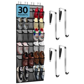 PAULONE Over the Door Organizer with 30 Large Pockets, 3 Sizes of Closet Hangers, Holds up to 69 lbs, Hanging Organizer with Clear Window for Children's Toys, Shoes, Diapers (Gray)