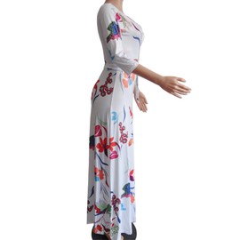 FANDEE Women's Floral Printed V Neck 3/4 Sleeve Plus Size Long Maxi Dress with Belt White Large