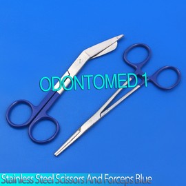 ODONTOMED2011 Nurses Stainless steel Scissors 5.5" Safety Tip and Forcep Combo -Blue