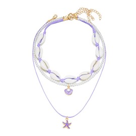 Shell Beach Choker Necklace Set for Women Boho Layered Beaded Adjustable Starfish Conch Shell Nacklace Imitaion Pearl Rice Beads Necklace Summer Ocean Vacation Jewelry-Purple