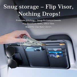 Tmengdao Car Visor Organizer, Premium Leather Sunglasses & Card Holder for Car, Registration/Insurance Slot, Credit Card Pockets, Automotive Interior Organizer for Car Sun Visor (Black Leather)