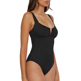 BECCA Women's Standard Color Code V-Wire Shirred One Piece Swimsuit, Plunge Neck, Bathing Suits, Black, Medium