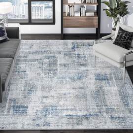 Eleisa Modern Abstract 8x10 Area Rug for Living Room, Blue & Grey, Non-Slip Stain Resistant Washable Rug, Abstract Vintage Home Decor Carpet for Bedroom, Kitchen, Dining Room