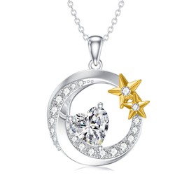 SLIACETE Moon and Star Necklace for Women with Birthstone in 925 Sterling Silver, April