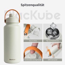 Blackube Stainless Steel Drinking Bottle, 1000 ml, Thermos Flask, BPA-Free, Leak-Proof, Large Metal Water Bottle for Sports, School, Fitness, Outdoor, Camping, White
