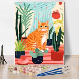 Animal Painting by Number Cute Orange Cat Sitting on The Floor in a Flower Pot Paint by Numbers Kit for Adults, Digital Painting with Brushes and Pigment for Home Decoration, 16x20 Inch