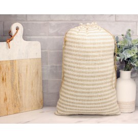 CleverDelights 12 x 18 Inch Burlap Bags - Natural/Ivory Stripe - 5 Pack - 12x18 Jute Burlap Drawstring Gift Sacks