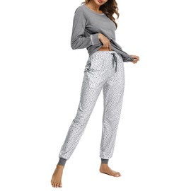 Litherday Women's Pyjamas Set Soft Long Sleeve Cotton Sleepwear Ladies Pjs Loungewear Sets Tops and Plaid Pants Nightwear with Pockets（Star-Dark Grey，S）
