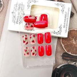 Short Square Press on Nails Summer Fake Nails with Watermelon Design Pink Red Acrylic False Nails Glue on Nails Glossy Full Cover Cute Acrylic Stick on Nails for Women Girls 24 Pcs