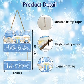 YUNKKIN Winter Decorations for Home Winter Wreath Cute Gnomes Door Decorations Let It Snow Sign Wall Decor Wooden Front Door Hanger for Wall Indoor Home Decor