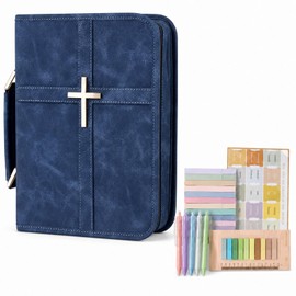Bible Bag, Vegan Leather Bible Cover Case for Women and Men with Metal Cross, Zippered Organizer with Handle, Includes Bible Study Supplies, Pens, Highlighters & Tabs, Christian Gifts(Indigo)