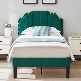 VECELO Twin Upholstered Platform Bed Frame with Tufted Adjustable Headboard/Mattress Foundation/Wood Slat Support,Easy Assembly,Dark Green