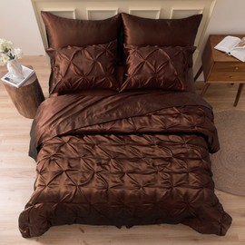 MR&HM Satin Comforter King 7 Pieces - Luxurious Pinch Pleat Bedding Set with Comforter, Flat Sheet, Fitted Sheet, Pillowcases & Shams, Super Silky Soft Bed Set for All Season (King, Brown)