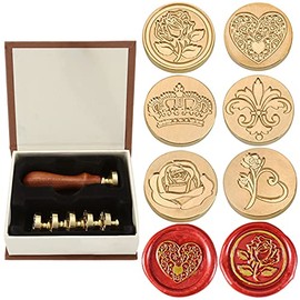 Wax Seal Stamp Set, Yoption 6 Pieces Romantic Rose Heart Flower Sealing Wax Stamps Head Kit + 1 Wooden Handle (Romantic Rose Set)