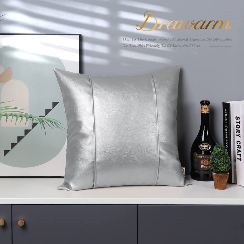 BRAWARM Silver Leather Throw Pillow Covers 18 X 18 Inches