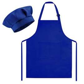 Morcheiong Kids Chef Hat and Apron Set, Adjustable Deep Blue Children's Painting Apron and Chef Hat with 2 Large Pocket for Kids Cooking Painting Baking Activity