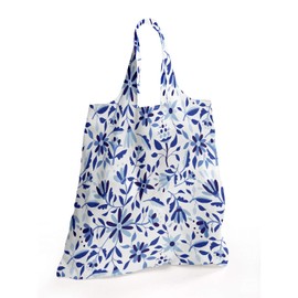 ABAKUHAUS Indigo Fabric Shopping Tote, Modern Minimalist Spring Time Flowers Swirls Leaves Image, Portable and Foldable Bag to Keep in Pocket Bag Purse & Car, Pale Blue Navy Blue