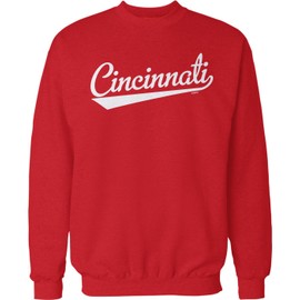 Hoodteez Cincinnati Script Baseball Font Crew Neck Sweatshirt, L Red