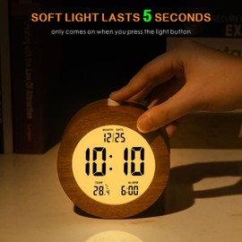 Plumeet Wooden Digital Alarm Clock for Bedrooms, Wood 4'' Battery Powered Alarm Clock with Snooze and Nightlight, Electronic LCD Desk Clock Display Time, Date, Temp, 12/24H, Wood Décor, Round, Sapele
