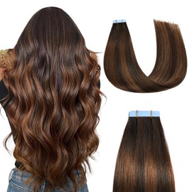 Sunya Tape in Hair Extensions Human Hair Balayage Dark Brown to Chestnut Brown 24 Inch 50g/pack 20pcs Straight Seamless Skin Weft #2/6/2 Tape in Hair Extensions